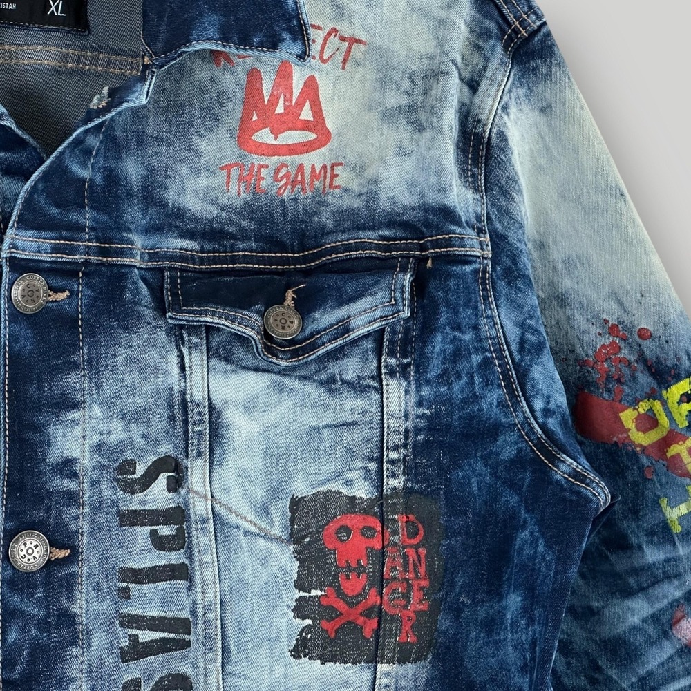 Copper Rivet Denim Jacket Mens XL Blue Bomber Graphic Checkered Street Art Skull - Picture 2 of 10